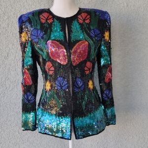 Scala Vintage Colorful Beaded  Floral Silk Statement  Jacket
